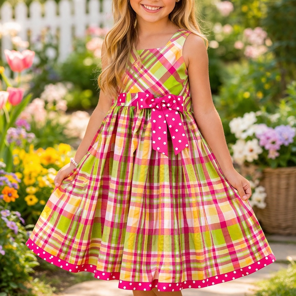 Bonnie Jean Pink Lime Yellow Plaid Sleeveless Dress with Polka Dot Bow
